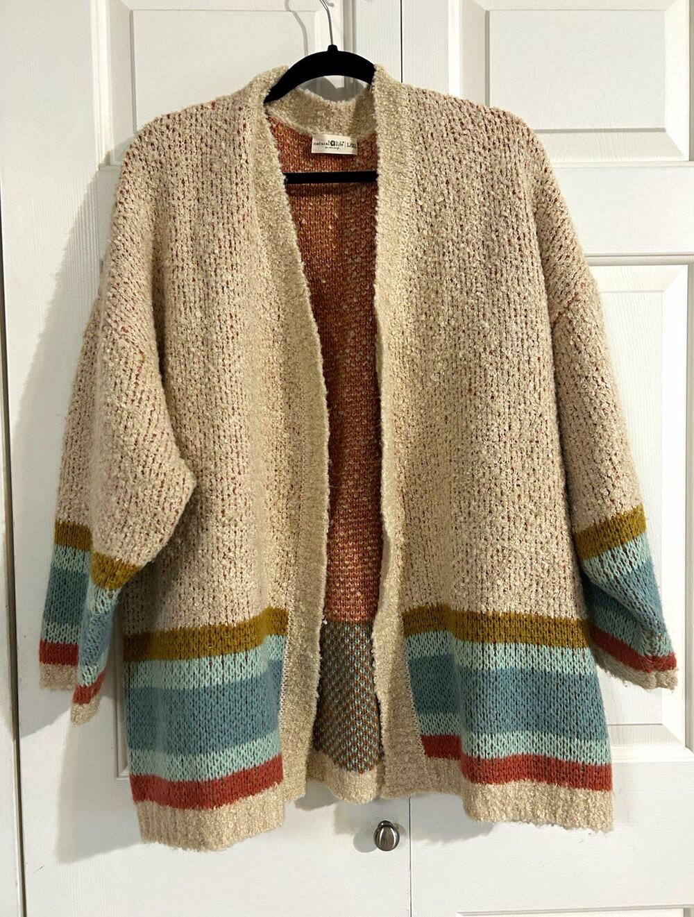 Natural Life Beige Multicolor Striped Knit Open Front Long Sleeve Cardigan L/XL